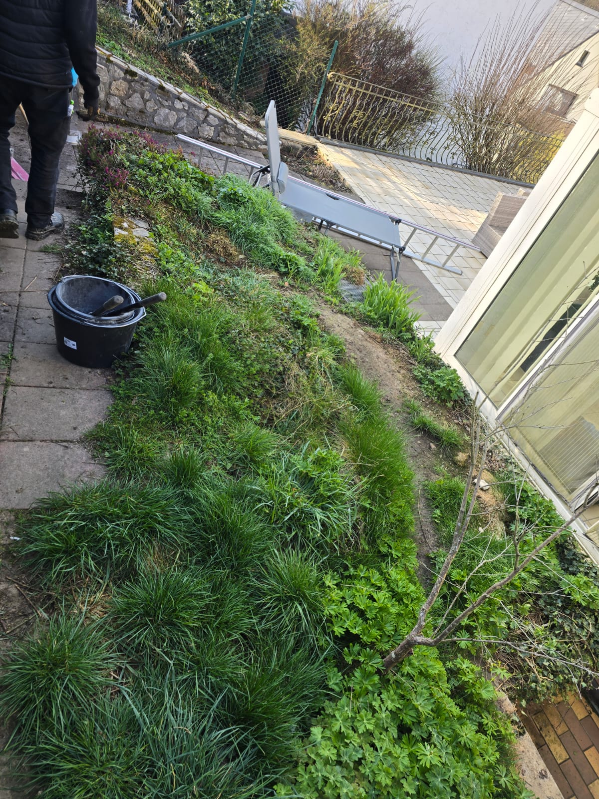 Mitarbeiter bei der Arbeit an einer Gartenanlage