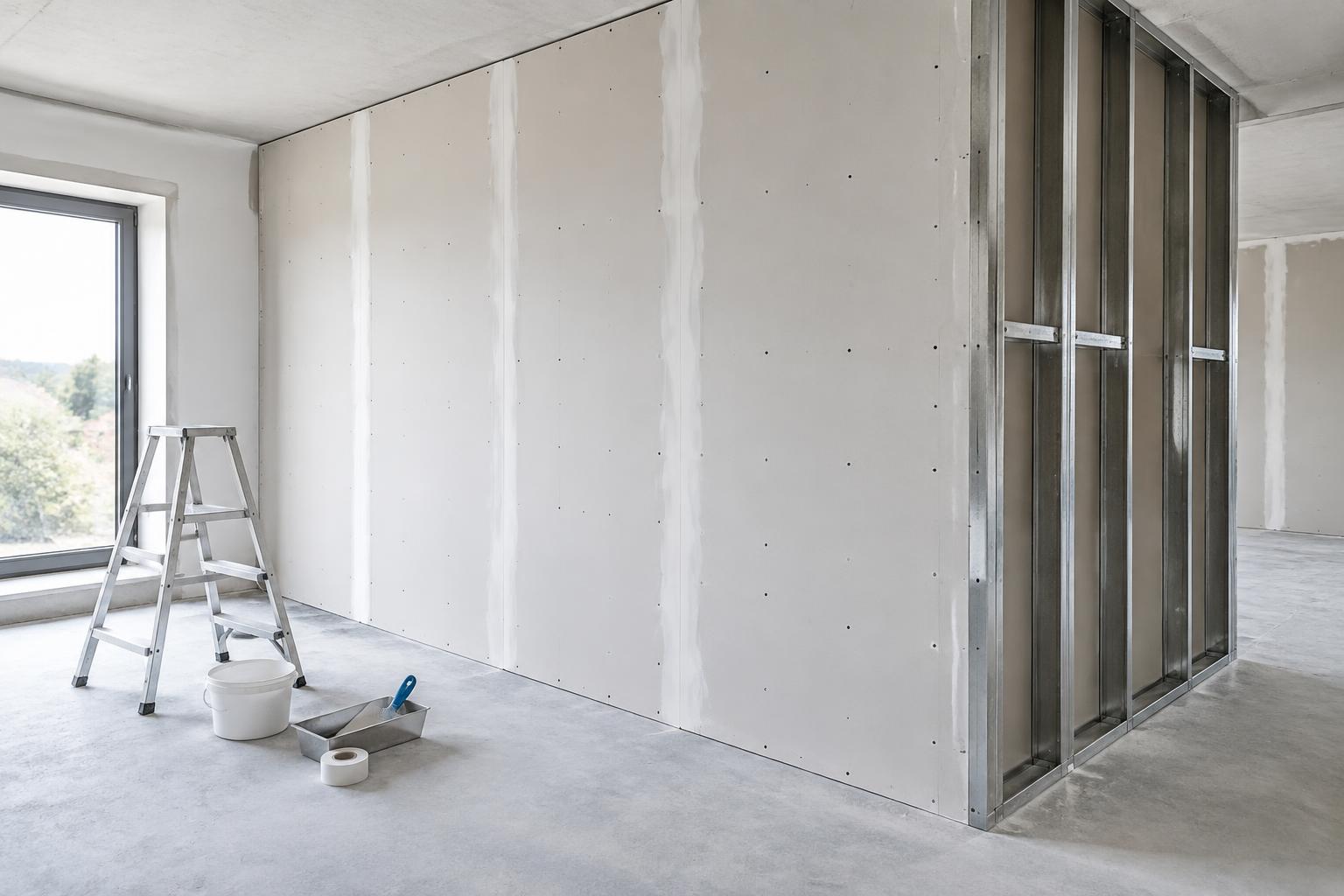 Trockenbauwand mit Gipskartonplatten und sichtbarem Metallständerwerk